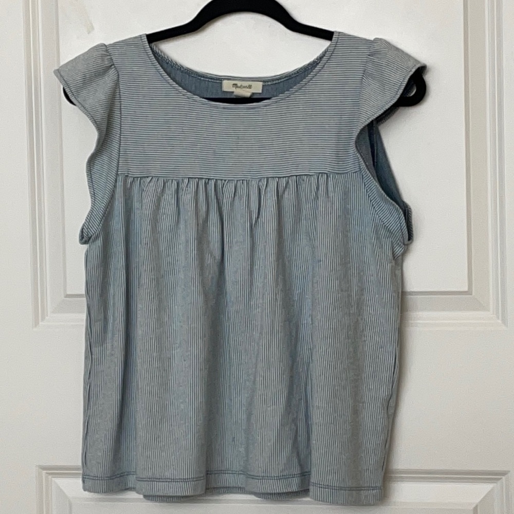Madewell Ruffle Sleeve Blue Striped Top Medium Butterfly Sleeve
